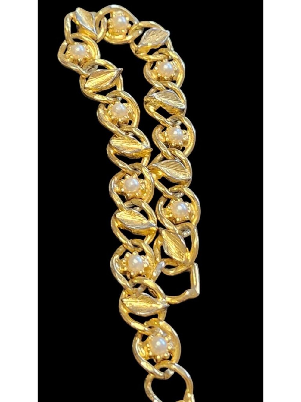 Goldette Vintage Gold Tone Link Bracelet With Leaves Flowers & Faux Pearls  Eleg